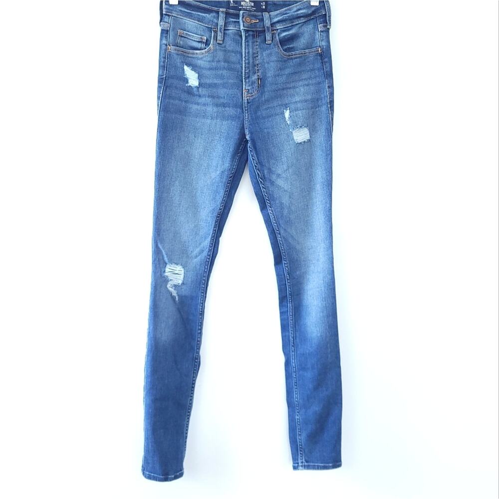 Hollister High Rise Super Skinny 1L 25w, 30Inseam Distressed Jeans Denim Blue - Picture 1 of 5